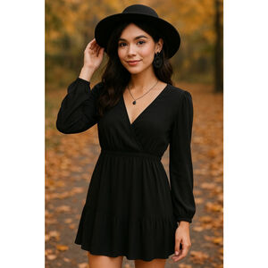 & Other Stories Black V- Neck Dress Long Sleeve Mini Dress Size 4